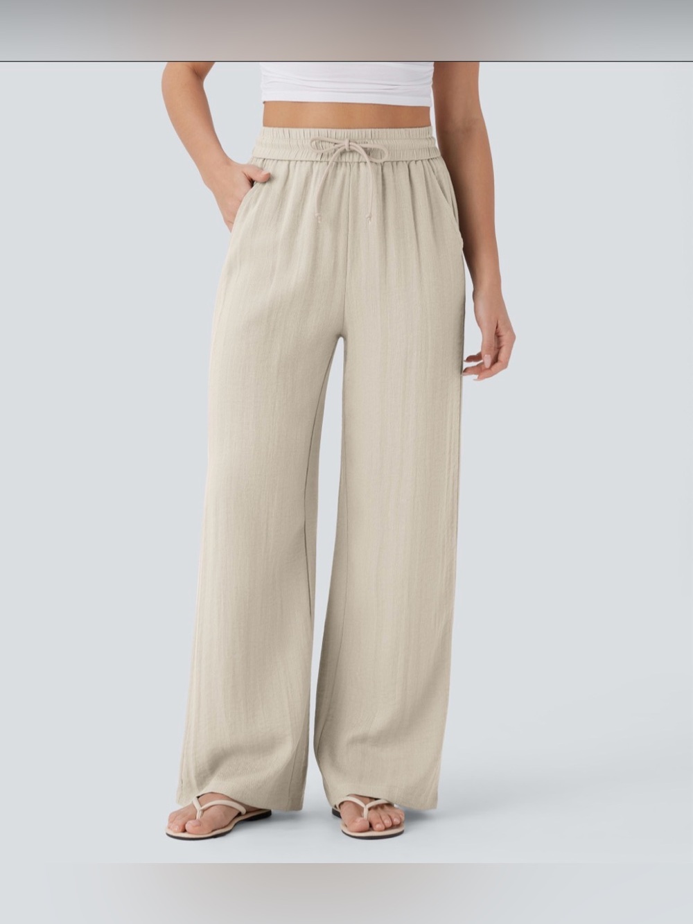 Halara High Waisted Drawstring Pocket Wide 
Leg Baggy Casual Linen-Feel Pants